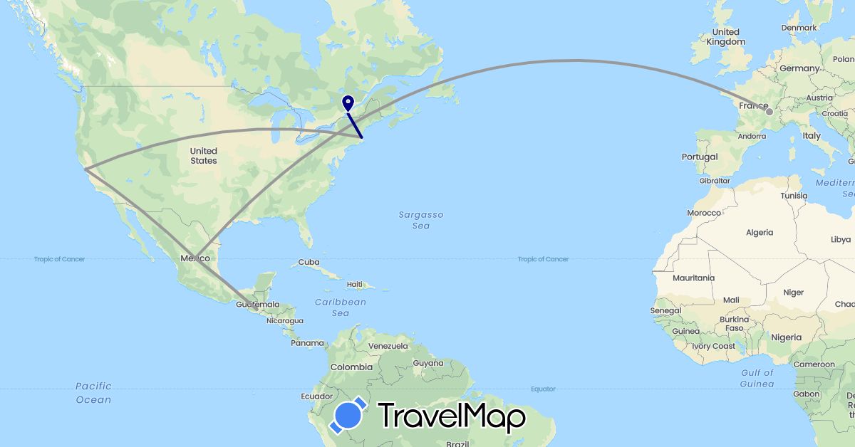 TravelMap itinerary: driving, plane in Canada, France, Guatemala, Mexico, United States (Europe, North America)